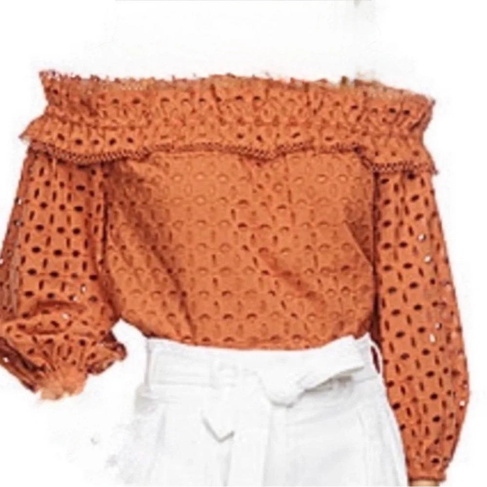 Ryegrass Ladies Sierra Burn Orange Eyelet Lace Off Shoulder Peasant Blouse- XS - Picture 8 of 9